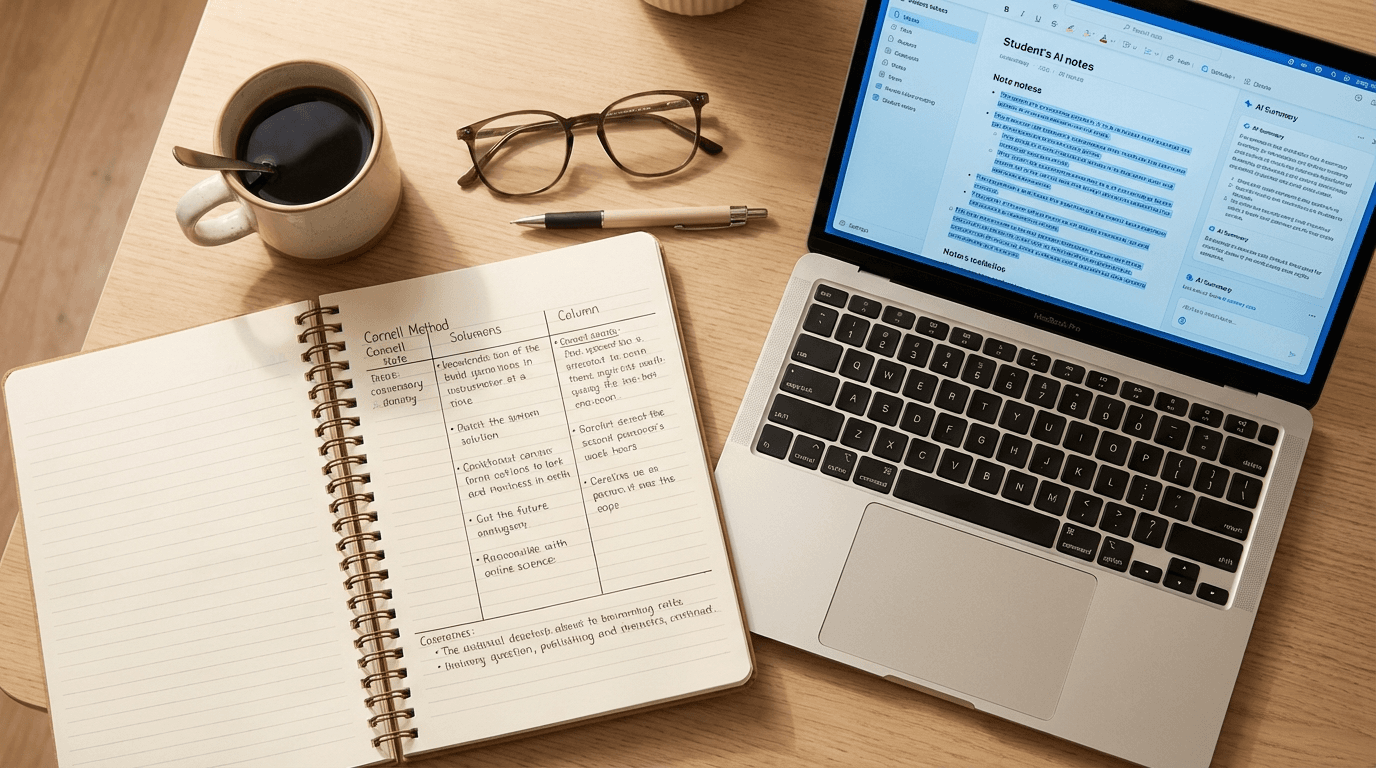 Poznámky na stole s notebookem a sešitem