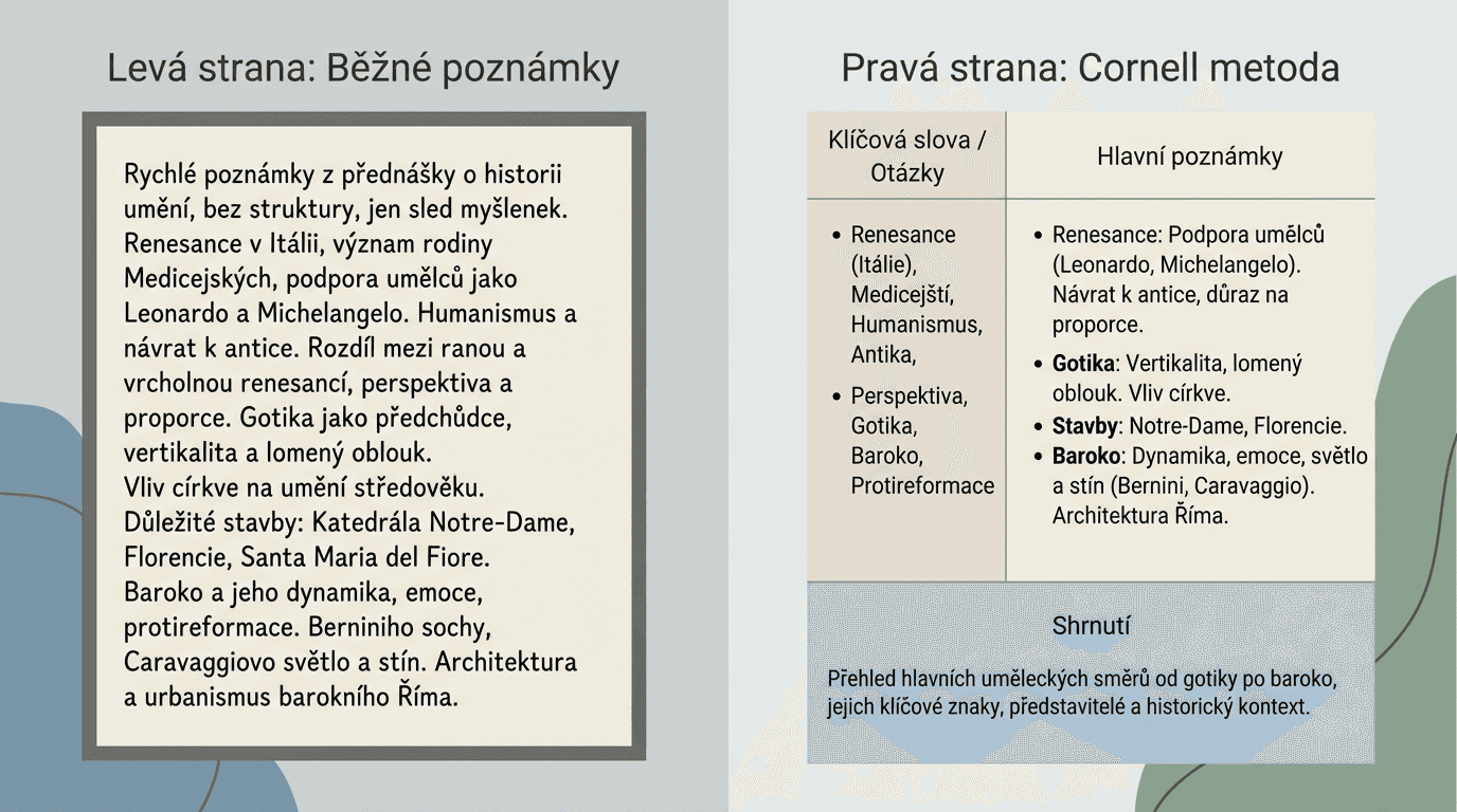 Rozložení Cornell metody poznámek na stránce