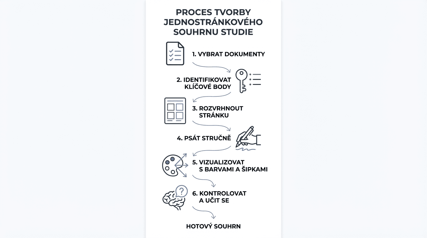 Jednostránkové vizuální shrnutí učiva na stole s fixy a učebnicí