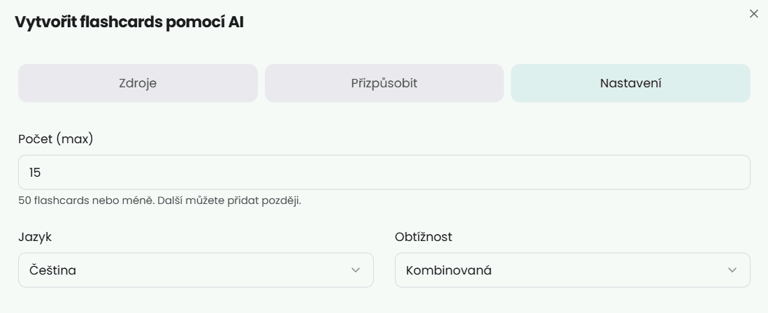 Nastavení parametrů flashcards
