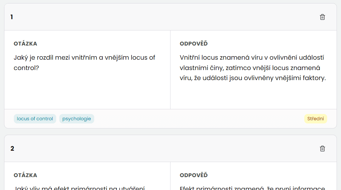 Vygenerované flashcards s kartičkami