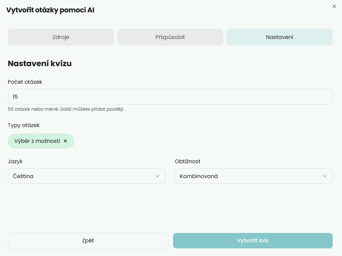 Nastavení parametrů kvízu