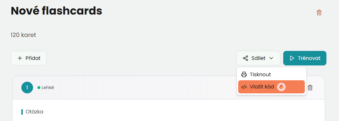 Otevření flashcards v diStudero
