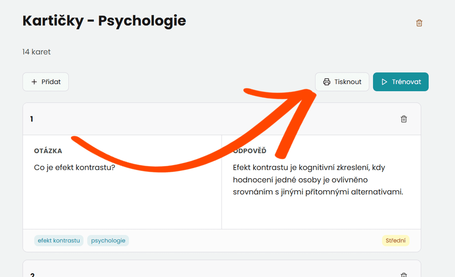 Tlačítko pro tisk ve flashcards