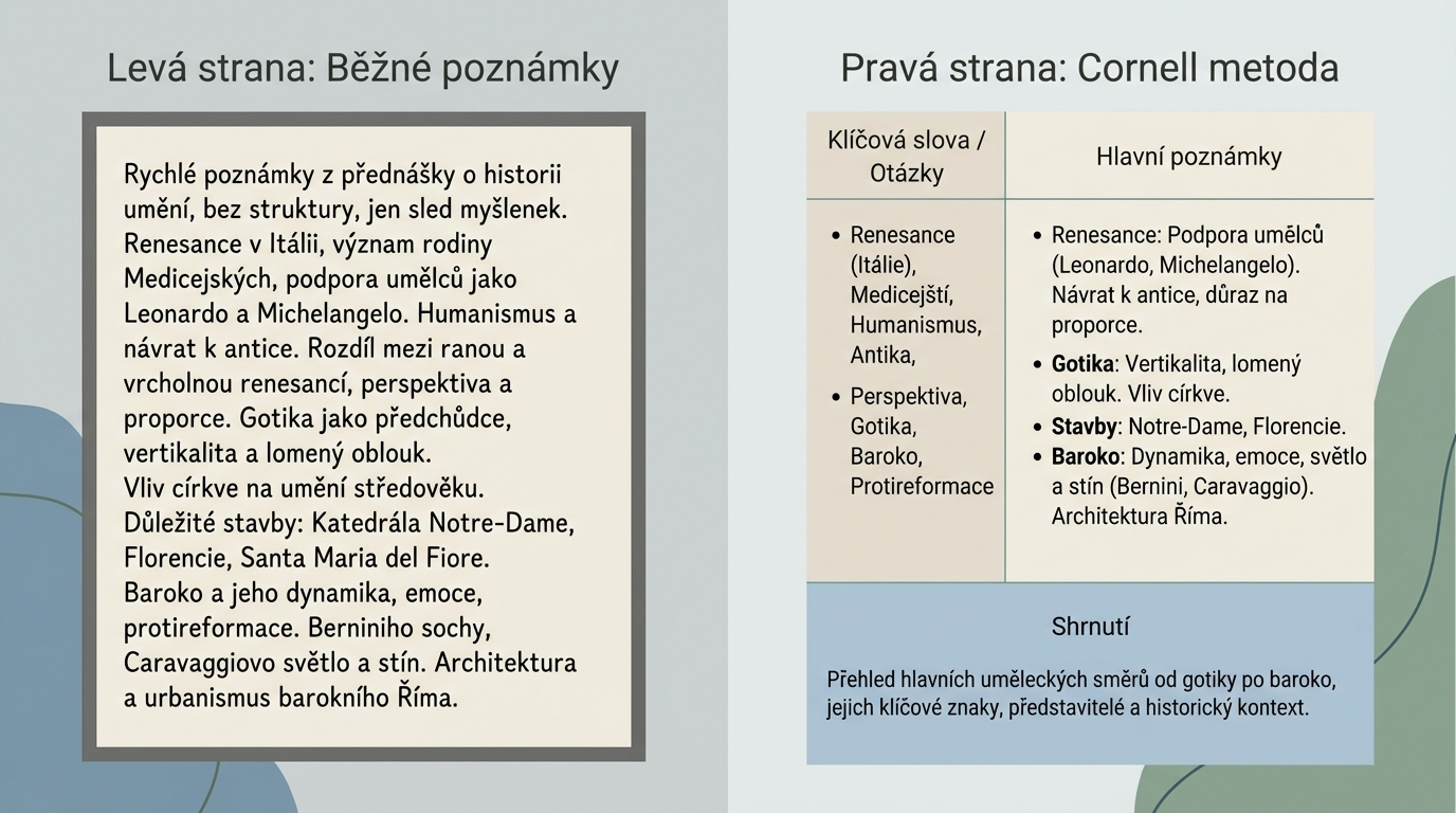 Rozložení Cornell metody poznámek na stránce