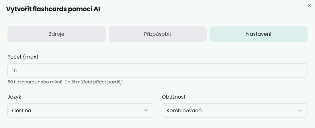 Nastavení parametrů flashcards