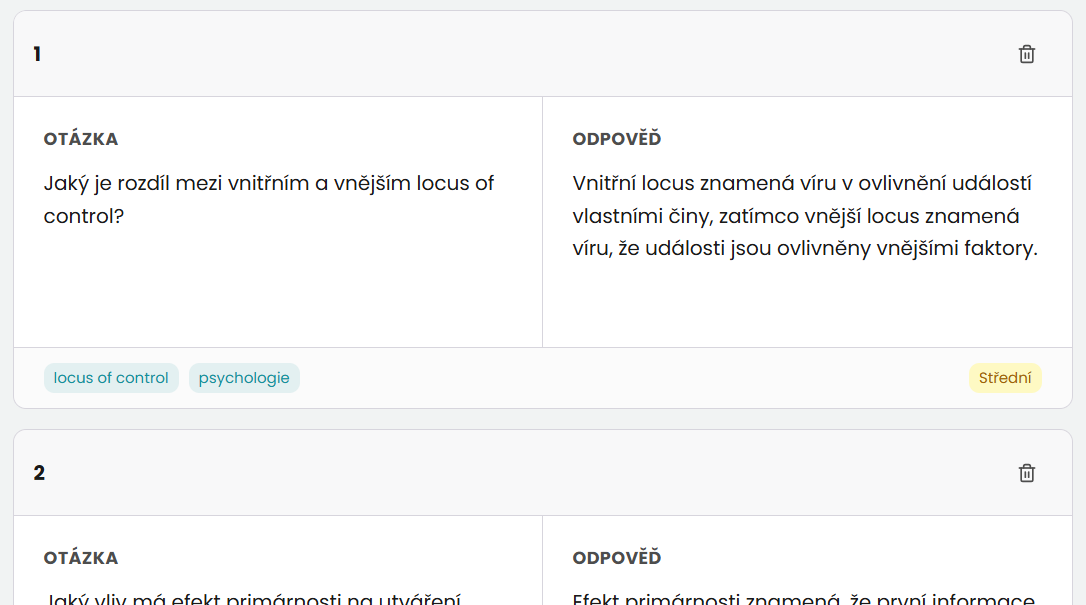 Vygenerované flashcards s kartičkami